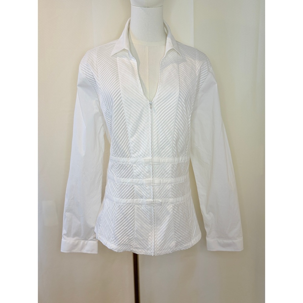 J. Peterman White Pintuck Zip Front Blouse Women 18 Excellent